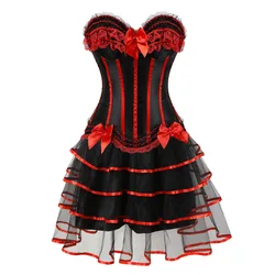 Sexy Women Gothic Renaissance Victorian Floral Lace Up Burlesque Bustier Corsetlet Lingerie Dance Tutu Skirt Corset Suit