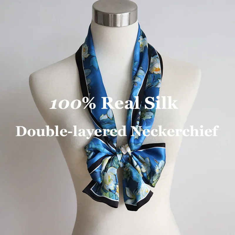 

Узкий шелковый платок-лента 150x16 см с цветочным узором, двухслойный, 100% натуральный шелк тутового шелкопряда, маленький квадратный шарф, аксессуар для волос