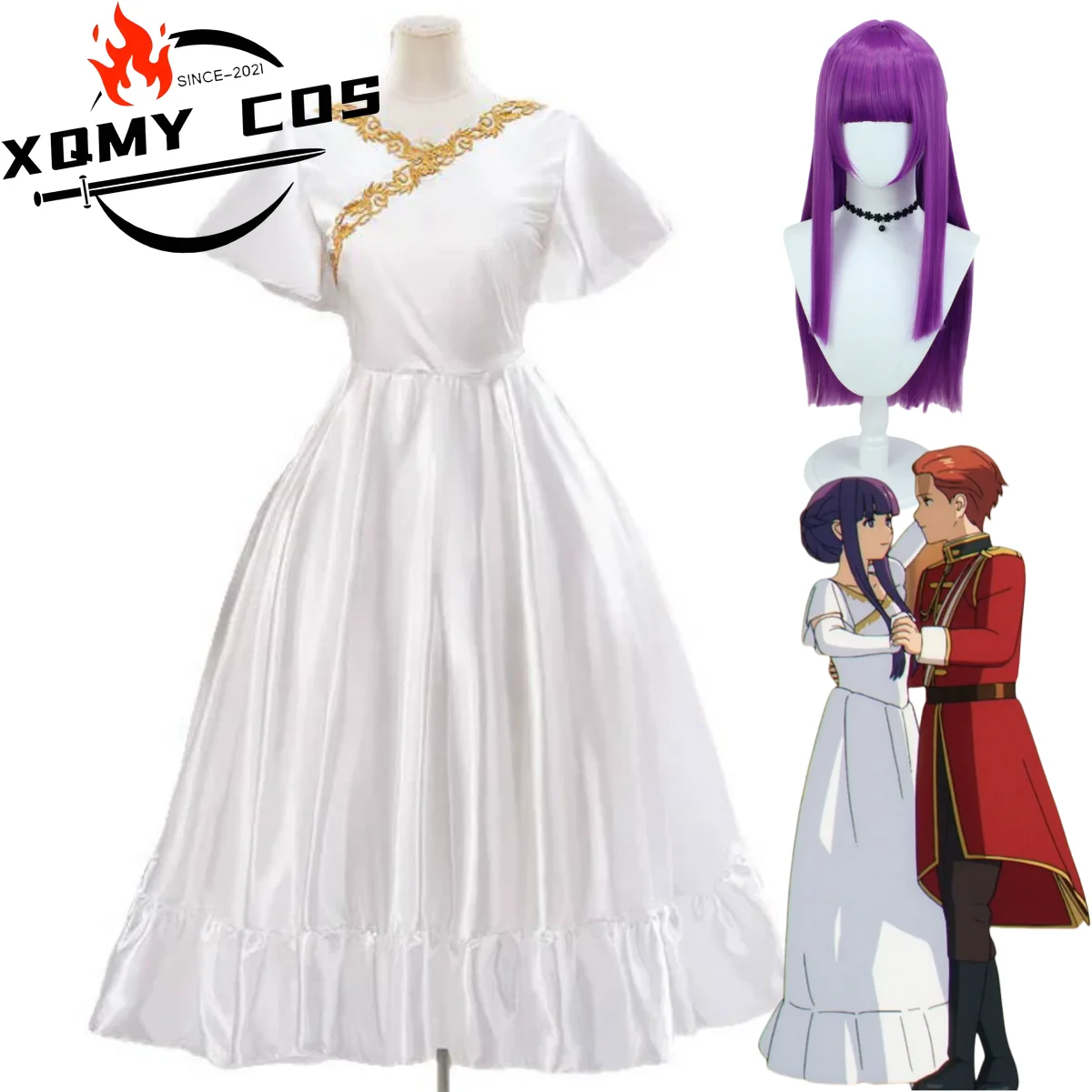 

XqAnime Frieren: Beyond Journey's End Fern Cosplay Costume Masked Ball White Evening Dress Wig Woman Sexy Carnival Party Suit