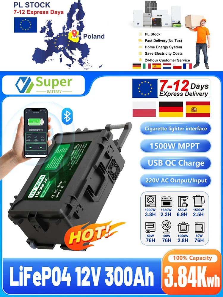 Draagbare Power Station 1500W LiFePO4 12V 300Ah 3.8Kwh 6000 Cycli Bluetooth 200A BMS 12.8V Voor Thuis Zonne-energie Buiten Energie EU VOORRAAD - afbeelding 2