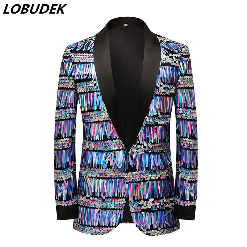 

Fashion Stage Singer Concert Glitter Sequins Blazers Colorful Blue Mirror Tassel Tuxedo Suit Jackets Prom Party Show Costume