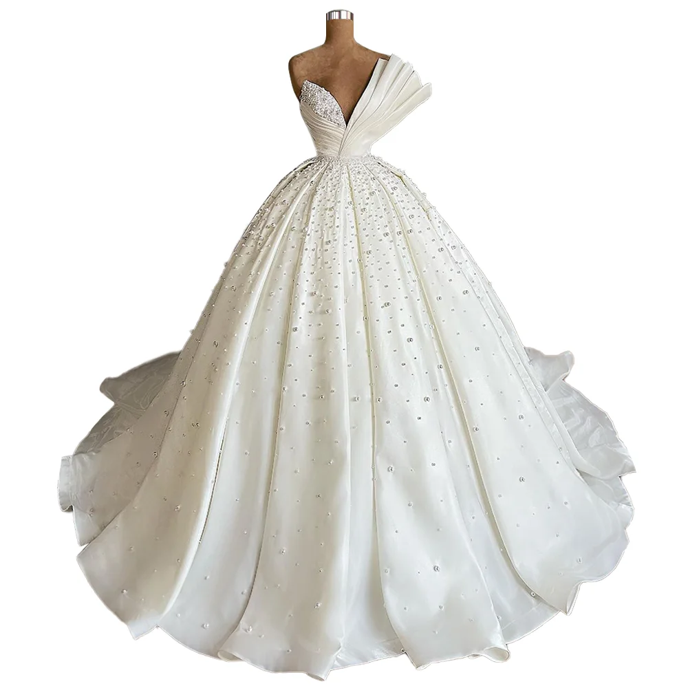 Modern Design Pearls Wedding Dress Luxury Ball Gown Sweetheart Satin Sweep Train Custom Made Bridal Dresses Robe De Mariée