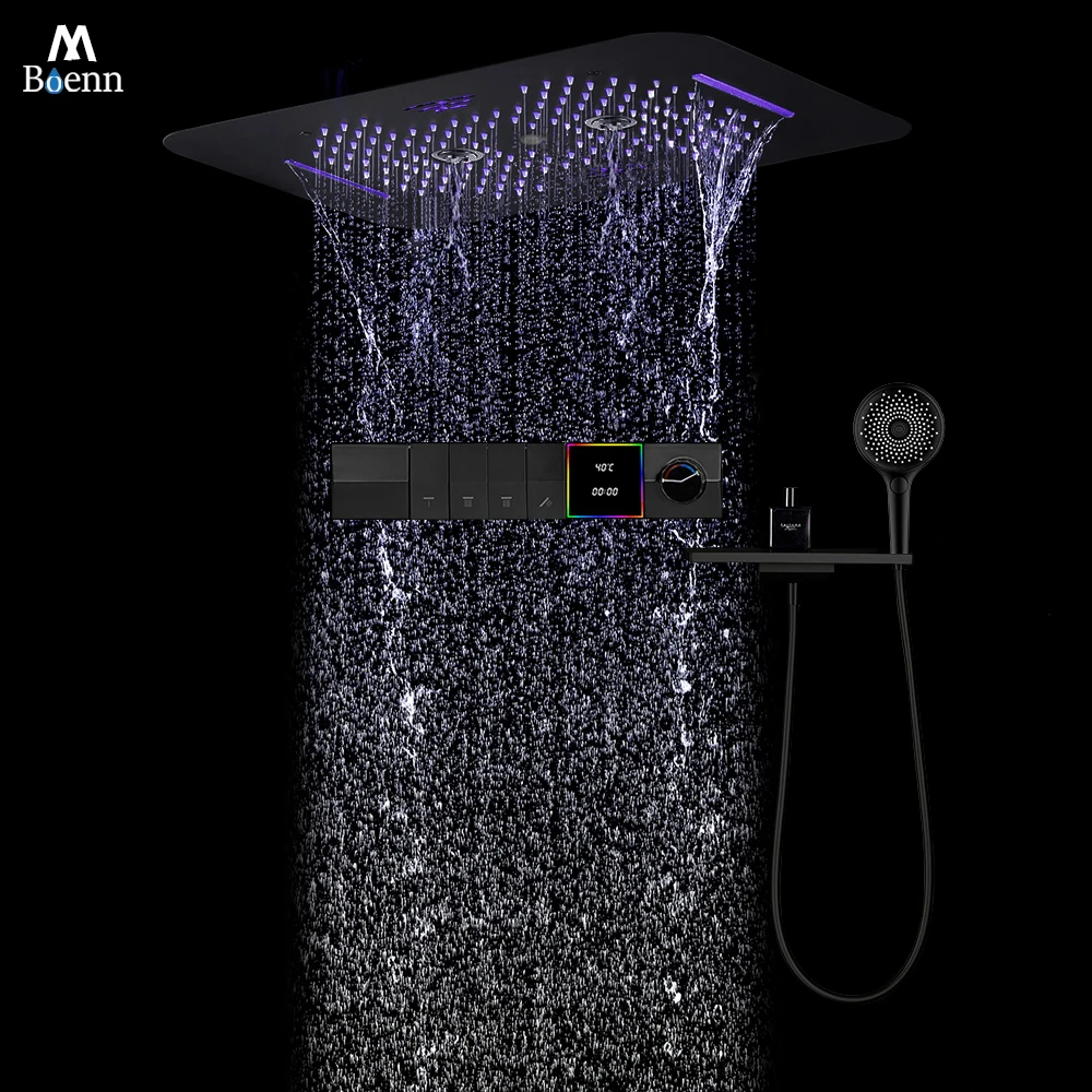 

M Boenn 4 Functions Black Shower System Set Bathroom Faucets Ceiling Rainfall Shower Head Temperature Display Thermostatic Mixer