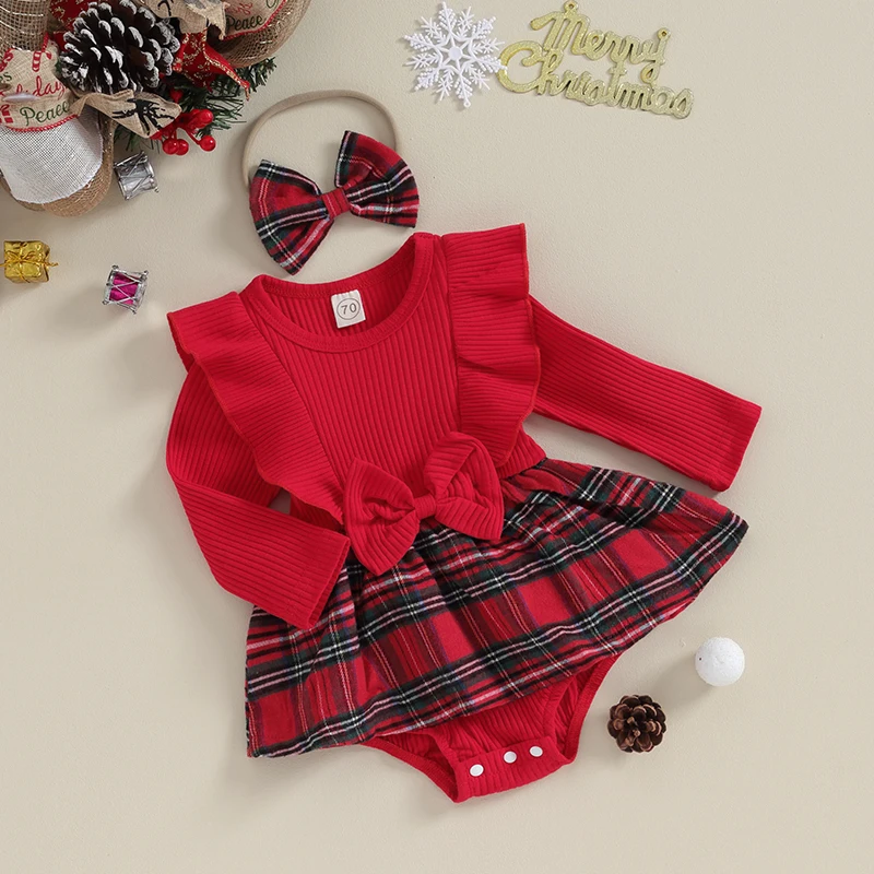 Newborn Baby\'s Clothes Girls 2Pcs Christmas Outfits Long Sleeve Bow Front Plaid Kids Romper with Headband Set Toddler Clothes