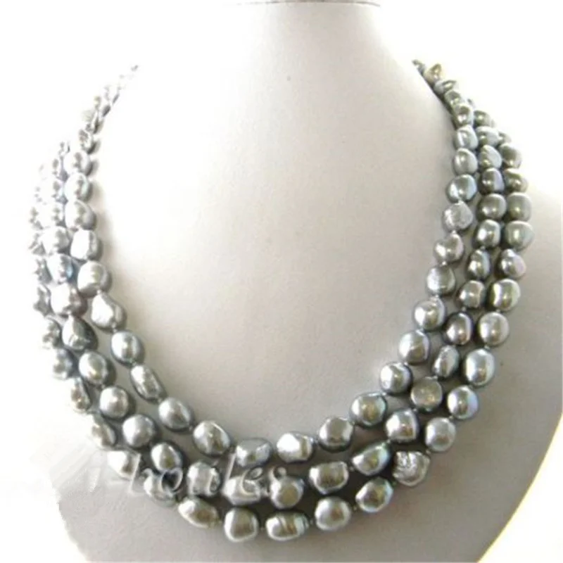 

nature 3strands 19'' 9-10mm gray baroque freshwater pearl necklace