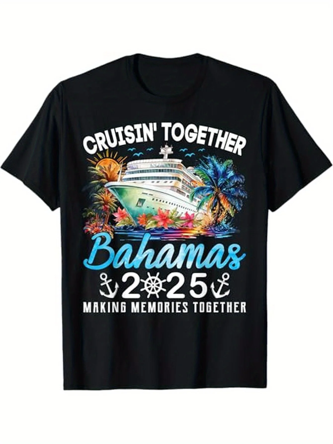

The Latest Hot-selling Bahamas Cruise 2025 Pattern Printing Short-sleeved Loose Men's and Women's Same Crew Neck Cotton T-shirt
