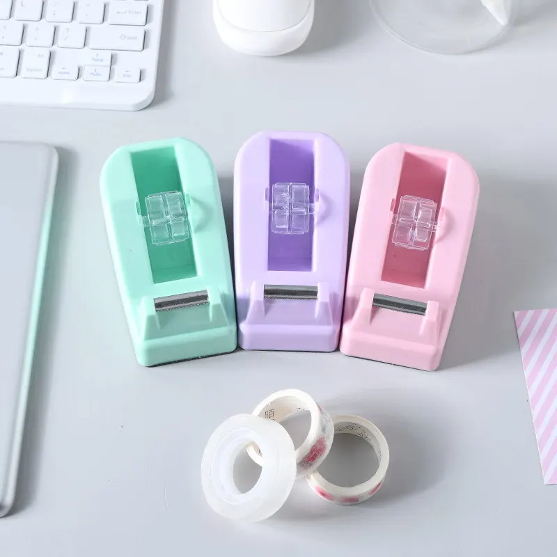 1Pc Solid Color Plastic Tape Dispenser Office Desktop Tape Holder Cutter Office Supplies Random Color