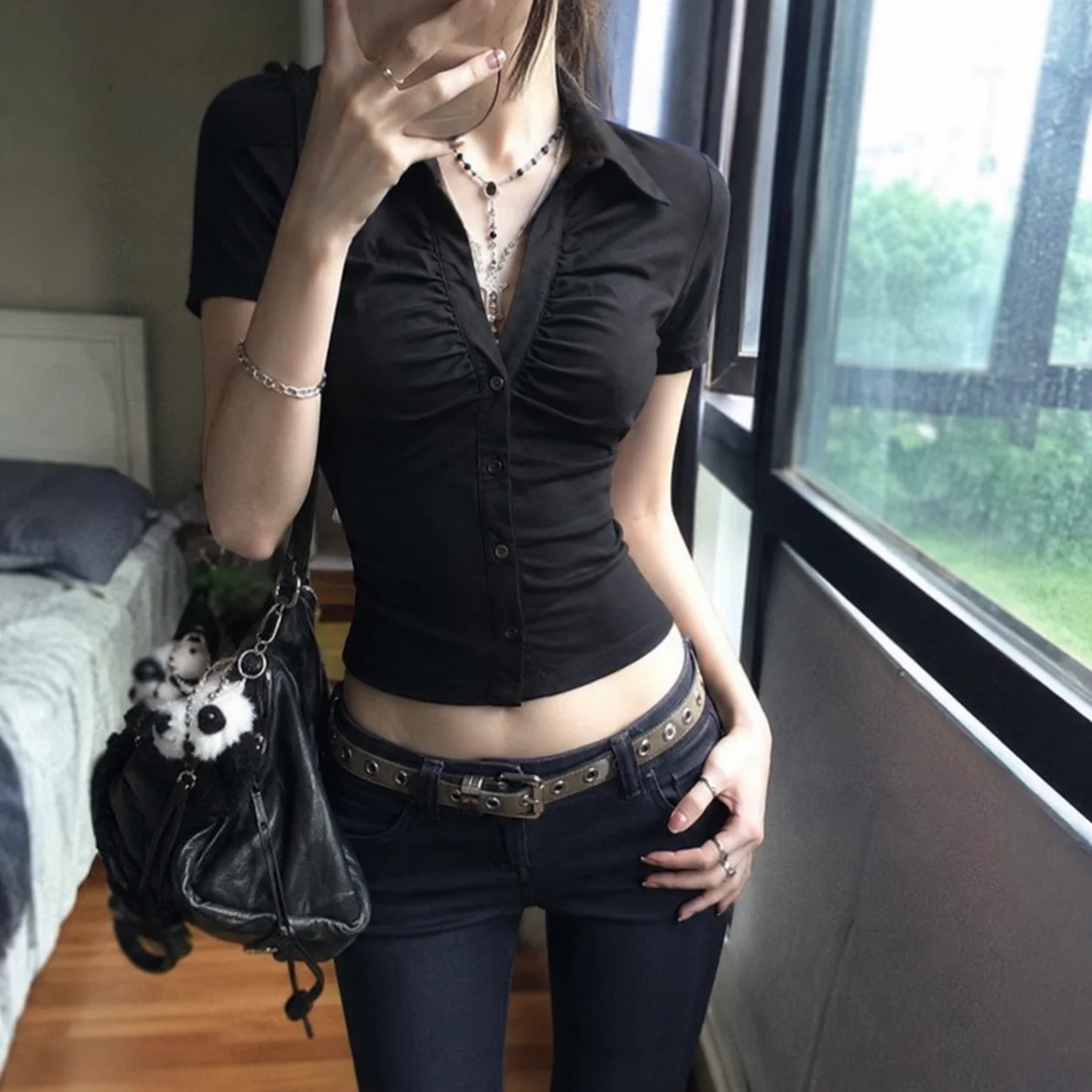 Japanese Y2k Tops 2000s Slim Half Sleeve T-shirt Women Turn Down Collar Purple Casual Tees Streetwear Retro Button Tops 2026 New