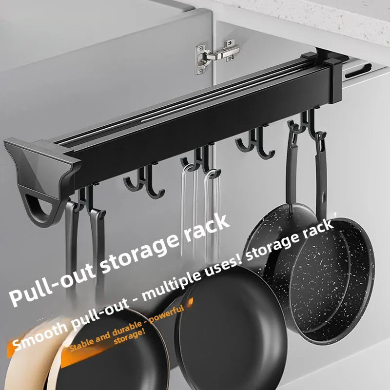 Multifunctional Pull-out Storage Rack, Sliding Hook Organizer for Kitchen Pot, Cabinet & Wardrobe