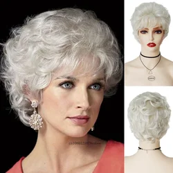 Old Lady Wigs for Women Synthetic White Grandma Cosplay Wig with Bangs Short Curly Pixie Cut Wig Daily Costume Heat Resistant