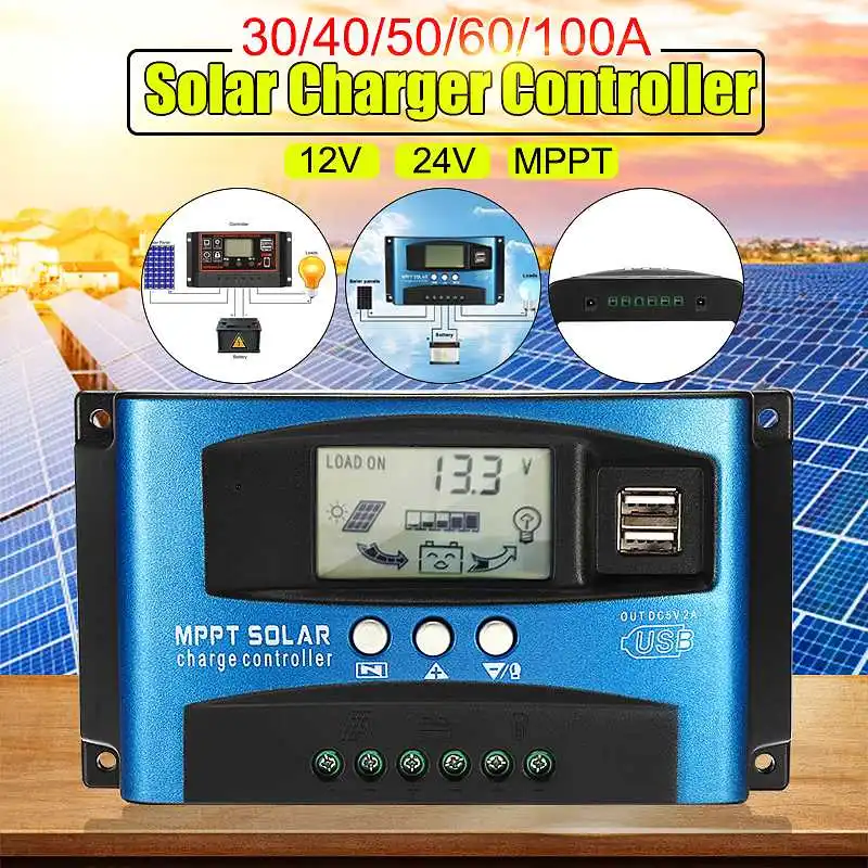 

30/40/50/60/100A MPPT Solar Charge Controller LCD Display 12V/24V Dual USB Auto Solar Cell Panel Charger Regulator with Load