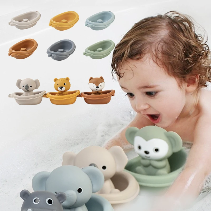 قوارب عائمة على شكل حيوانات قابلة للتكديس للأطفال - مجموعة لعب مائية وقت الاستحمام مع ميزات لعبة التراص والأصابع، سيليكون ناعم وخالي من مادة BPA #1