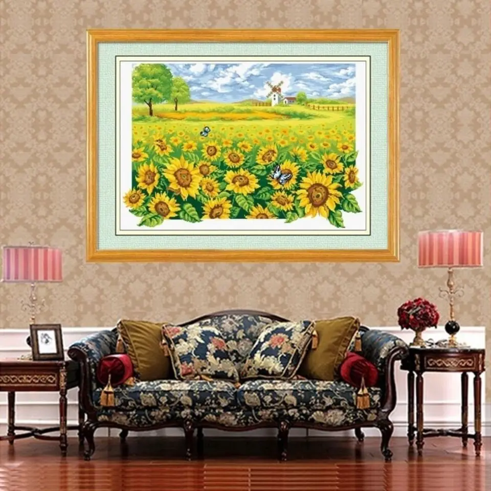 2024 handmade cross stitch finished product, sunflower garden living room, new dining room, bedroomsmall landscape painting85*60