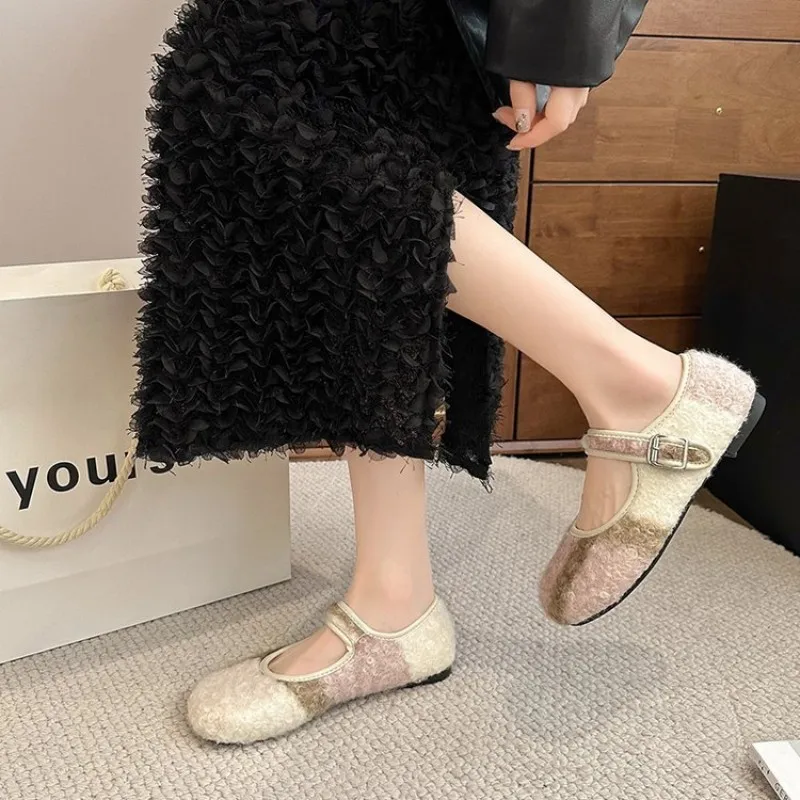 Women Plaid Fleece Mary Jane Shoes Metal Buckle Strap Flat Sole Non Slip Vintage Casual Warm Autumn Winter Daily Footwear