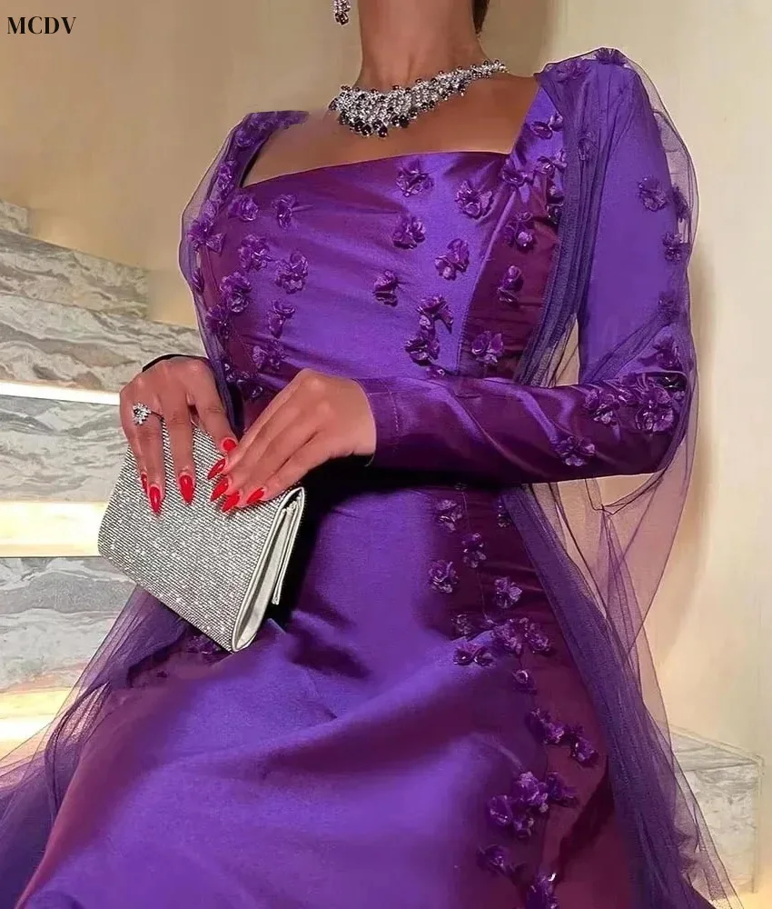 맞춤형 섬세한 새틴 A라인 꽃 장식 이브닝 드레스 고품질 스퀘어 넥 긴 소매 바닥 길이 셀러브리티 가운