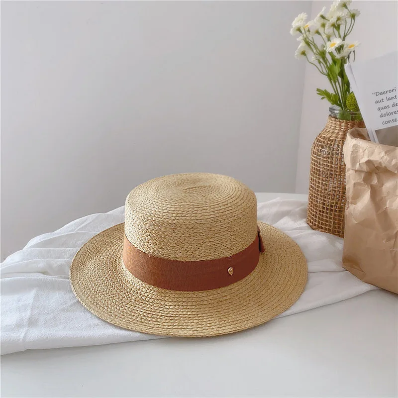 Natural Straw Boater Top Flat Hat for Women Summer Beach Flat Brim Cap With Ribbon For Holiday Party chapeau femme