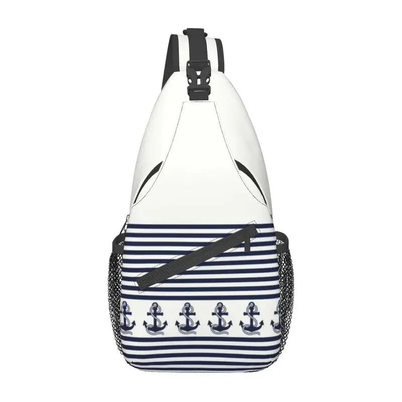 

Nautical Stripes With Navy Blue Anchor Sling Bag for Cycling Camping Sailing Sailor Crossbody Chest Backpack Shoulder Daypack