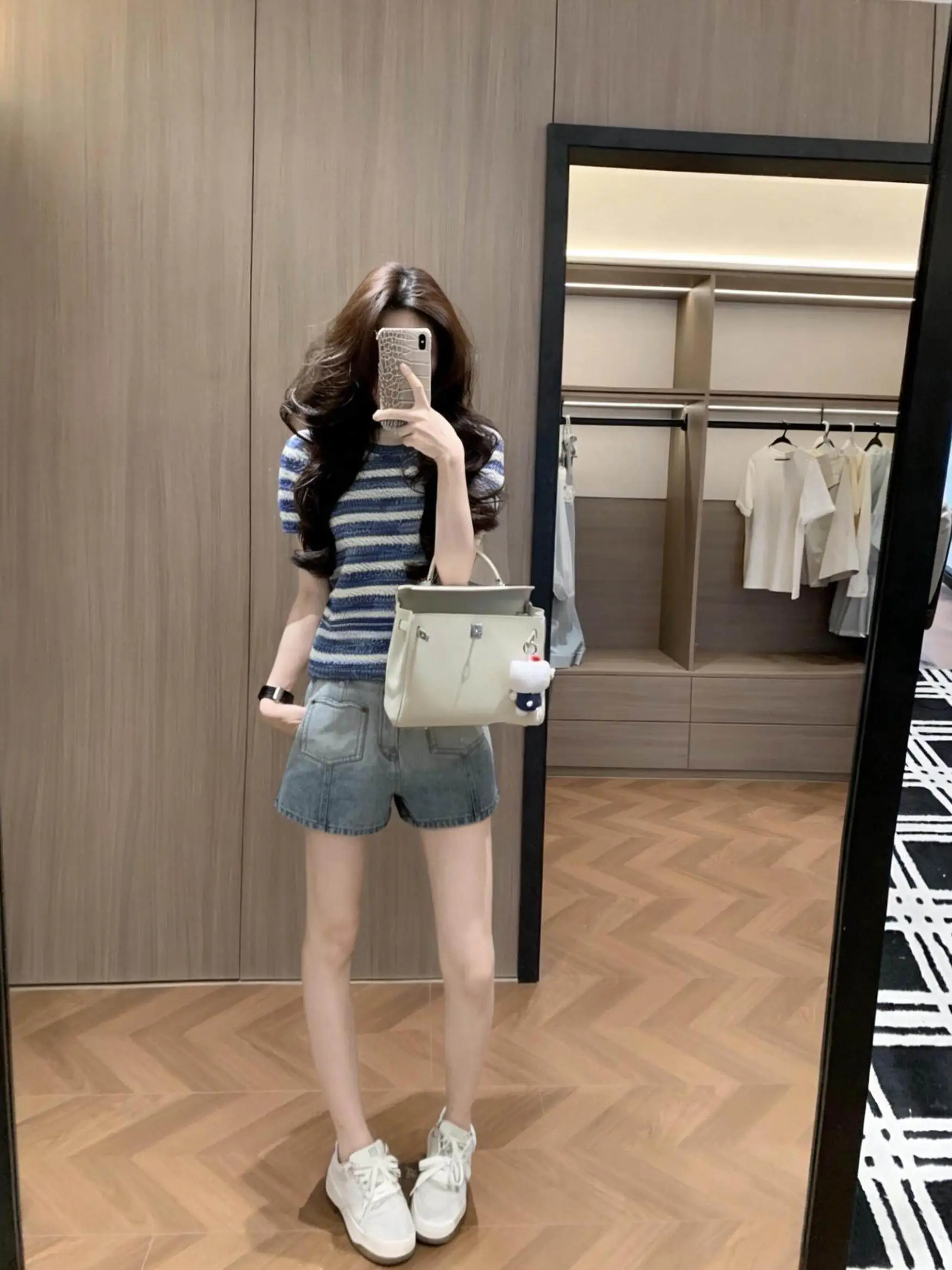 Korean Style Short Sleeve Knitted T-Shirt Women's Summer Casual Lazy round Neck Striped Color Block Top Breathable Skin-Friendly