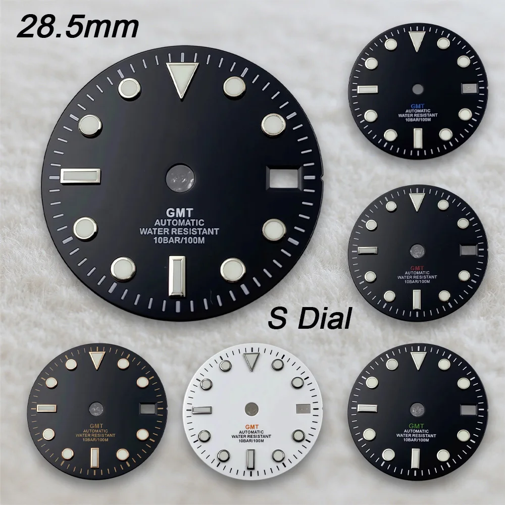 28.5mm S Logo GMT Dial Fit NH34 Movement Green Luminous Sunray Black Dial Watch Modification Accessories