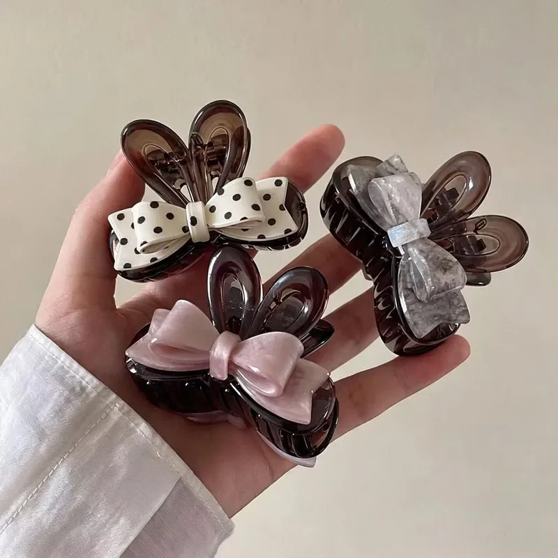 korea cute acetate hair clip claw for women polka dot bow hairclip girls Kawaii bunny ears hairpin Medium Half-Up Hair claw