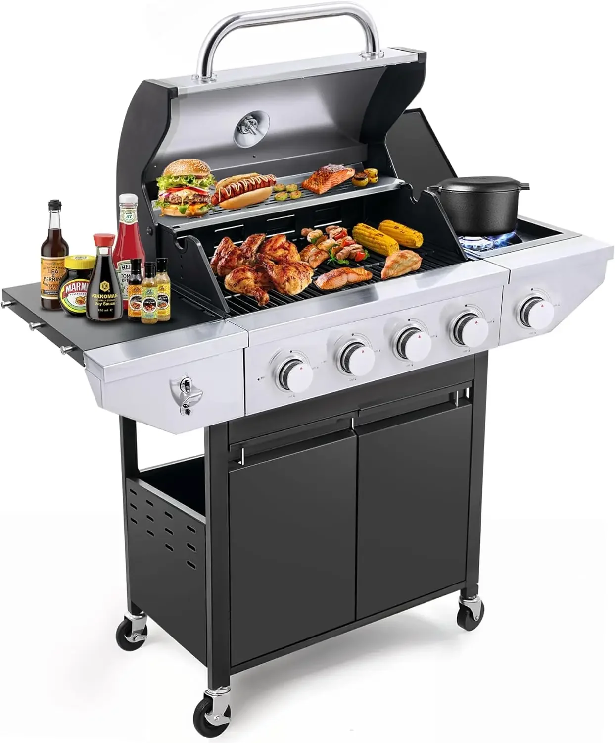 

Газовый гриль на пропане с 4 конфорками, боковой горелкой и подставкой для подогрева, гриль-барбекю из нержавеющей стали емкостью 4600 БТЕ с 457 SQ.