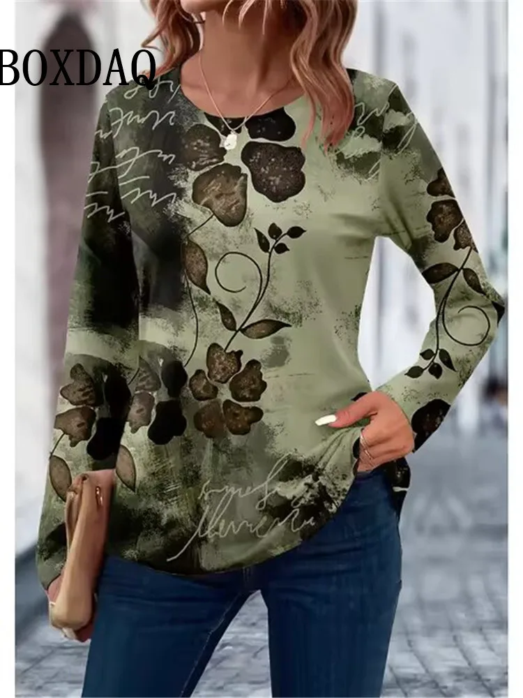 2024 camiseta feminina impressão 3d floral folha design manga longa casual diário fim de semana moda topo solto o-pescoço primavera outono roupas