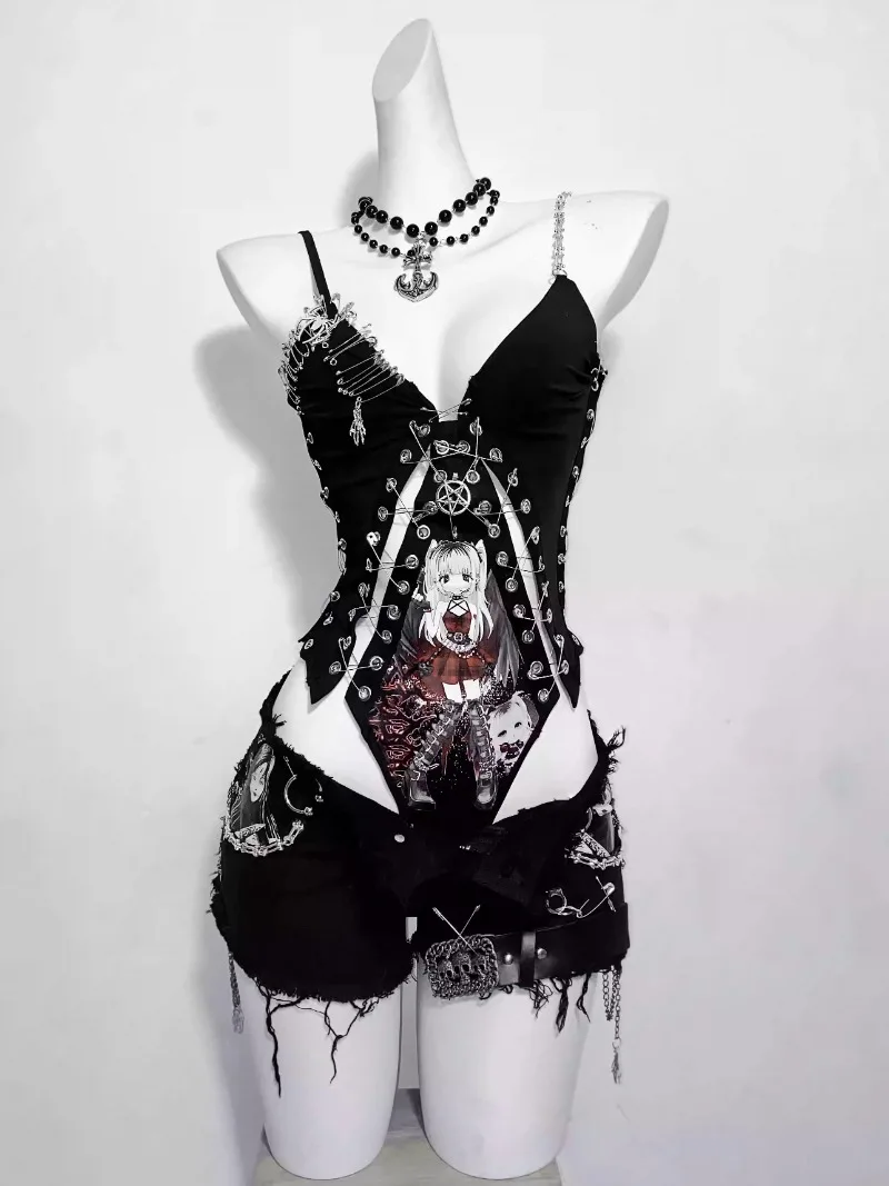 서브컬쳐 다크 고딕 컷팅 바디수트 애니메이션 래지드 슈퍼 쇼츠 핫 걸 세트