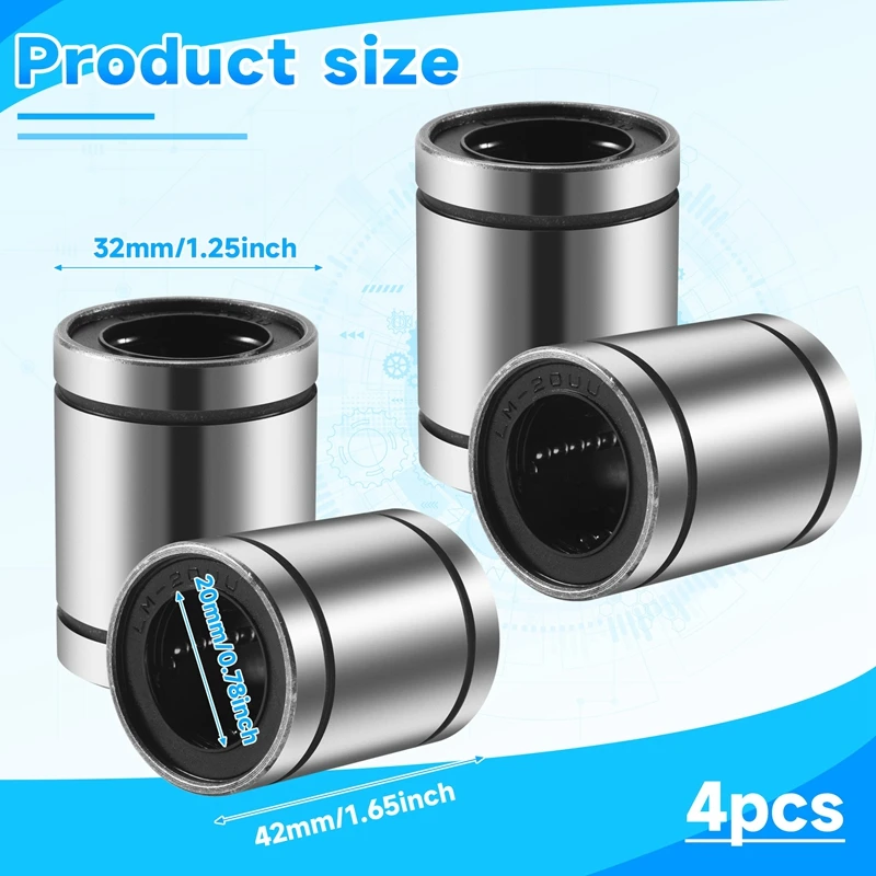 4 Pcs LM20UU 20X32x42mm Double Side Rubber Seal Linear Motion Ball Bearing Bushing