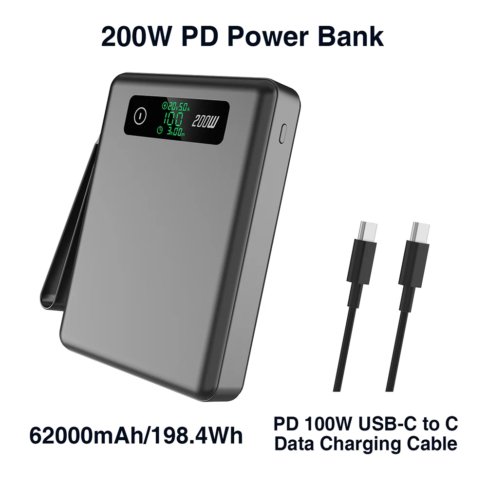 Fast Charging 200W High Power Portable Charger 62000mAh MPPT LiFePO4 4-Port Two-Way 100W PD Power Bank for