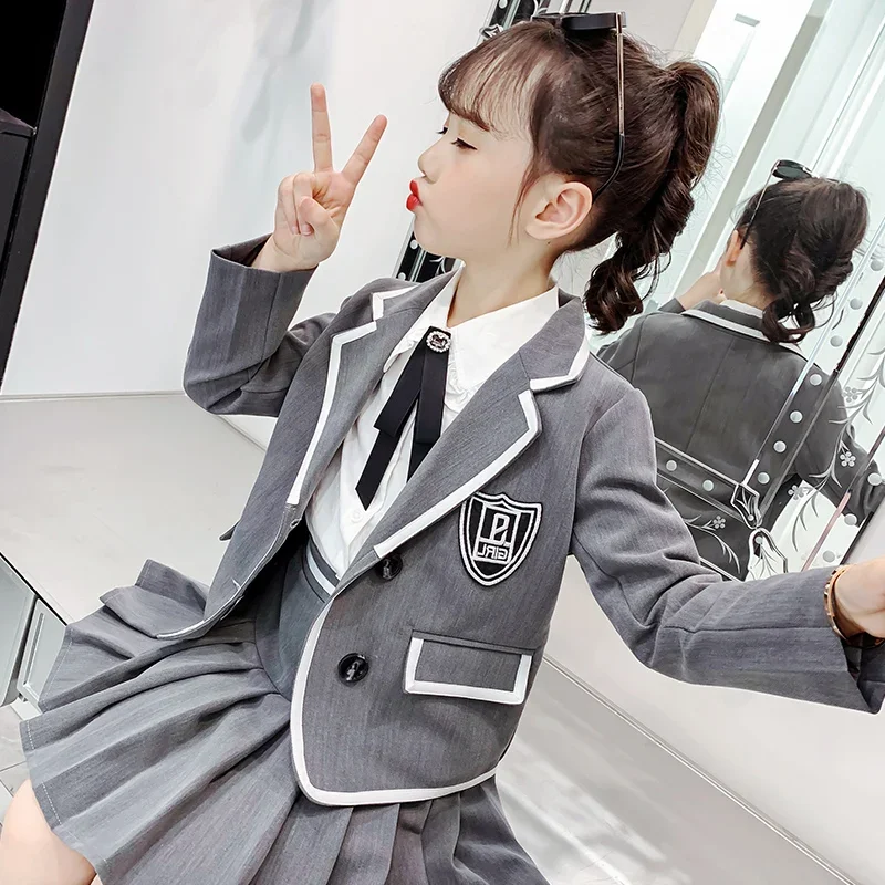 Girls Clothes Set Gray School Formal Western Suit Pleated Skirt For Uniforms For 4 5 6 7 8 9 10 11 12  Years Kids Girls Outfit