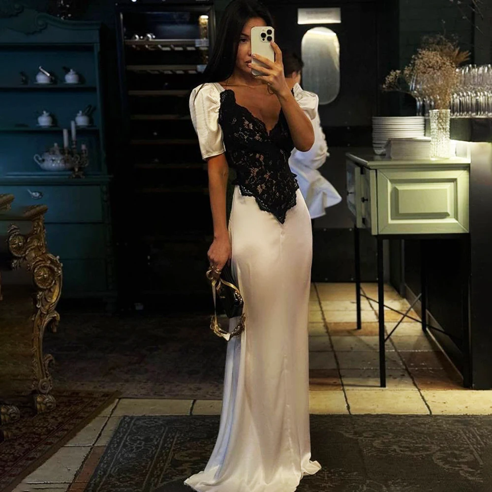 

Talenza Elegant Lace Evening Dresses Sexy Deep V Satin Lace Patchwork Slim Luxury Long Dresses Women's High Waist Party Dresses