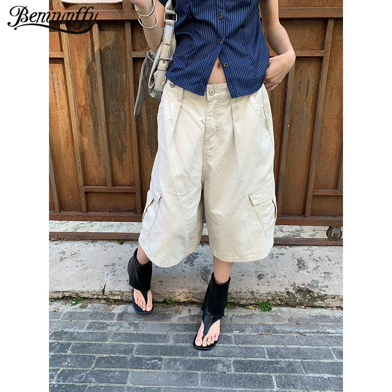 

Benuynffy American Streetwear Baggy Cargo Pants Women 2026 Summer New Solid Color Mid Waisted Multi-pocket Wide Leg Half Pants