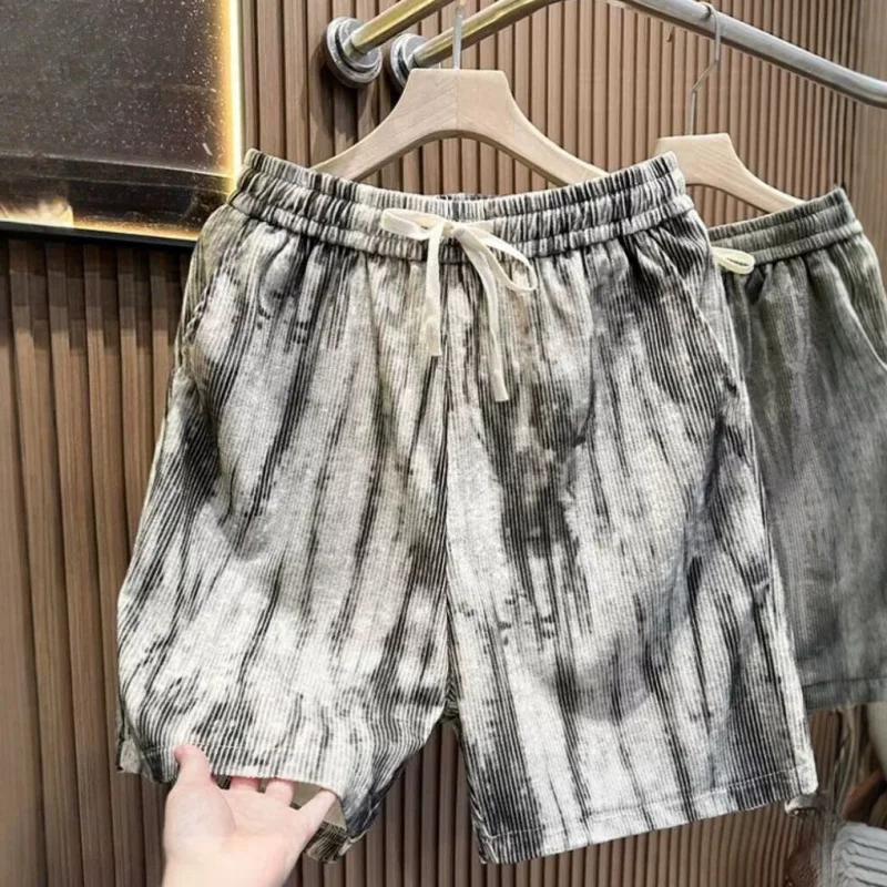 Summer Ink Tie-dye Loose Ice Feel Casual Shorts, Men Trendy Handsome Beach Vacation Knee Length Pants