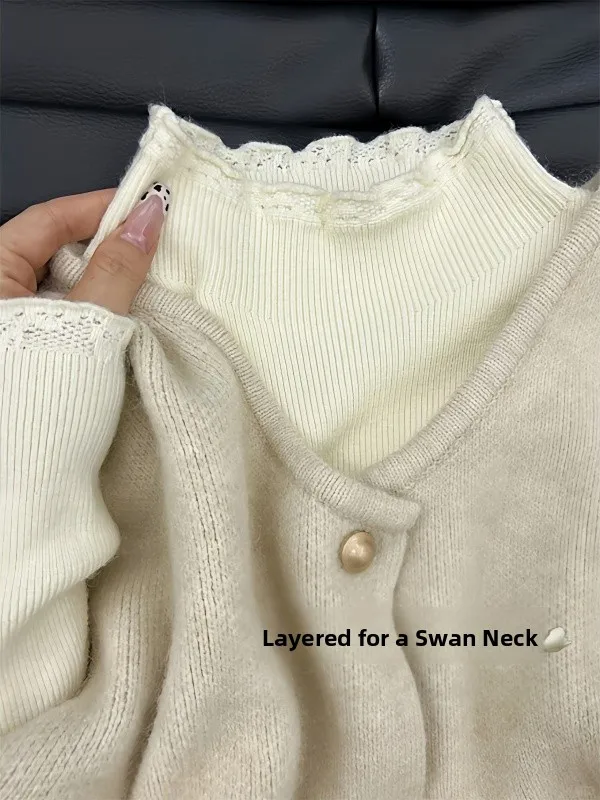 

Мягкий уютный вязаный свитер женский весна 2026 с высоким воротником, базовый топ с кружевным узором, корейский стиль, приталенный крой