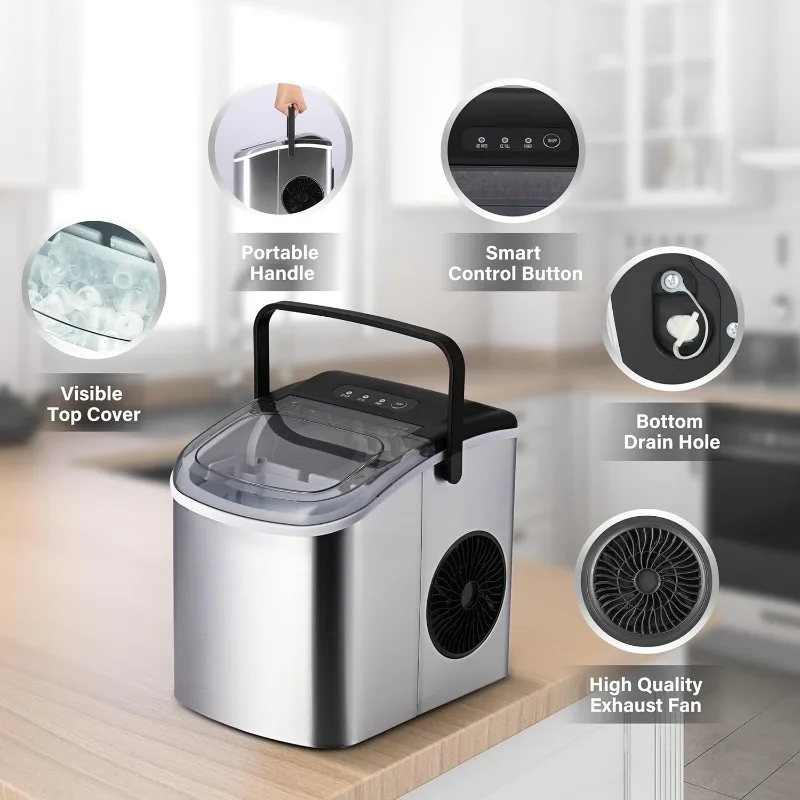 

Ice Maker For Countertop, 9 Ice Cubes Ready In 6 Mins, 26lbs Ice/24Hrs, With Self-Cleaning Feature, Ice Spoon And Basket