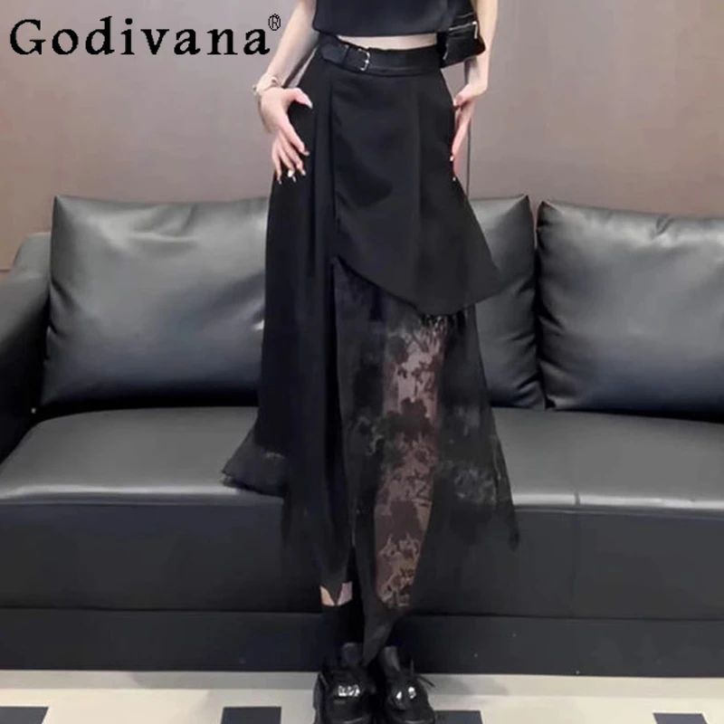 

Temperament Lace Gauze Splicing Girl Summer Fashion Versatile Skirt Elastic Medium Long High Waist Irregular Korean Long Skirts