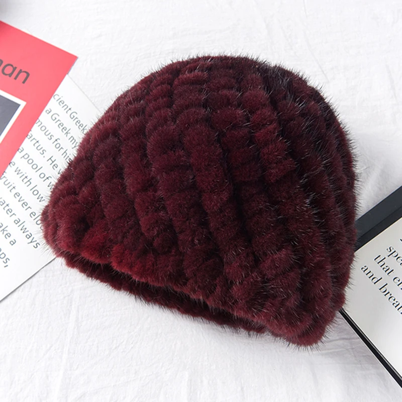 Russia New Winter Lady Natural Mink Fur Beanies Hat Knit Warm Striped Genuine Mink Fur Caps Women Good Elastic Real Mink Fur Hat