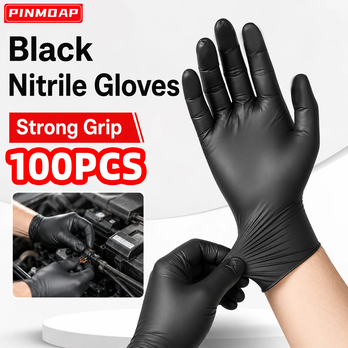 PINMOAP Black Disposable Nitrile Gloves, Strong Grip Textured Fingertips, Latex-Free Gloves for Auto Repair Workshop