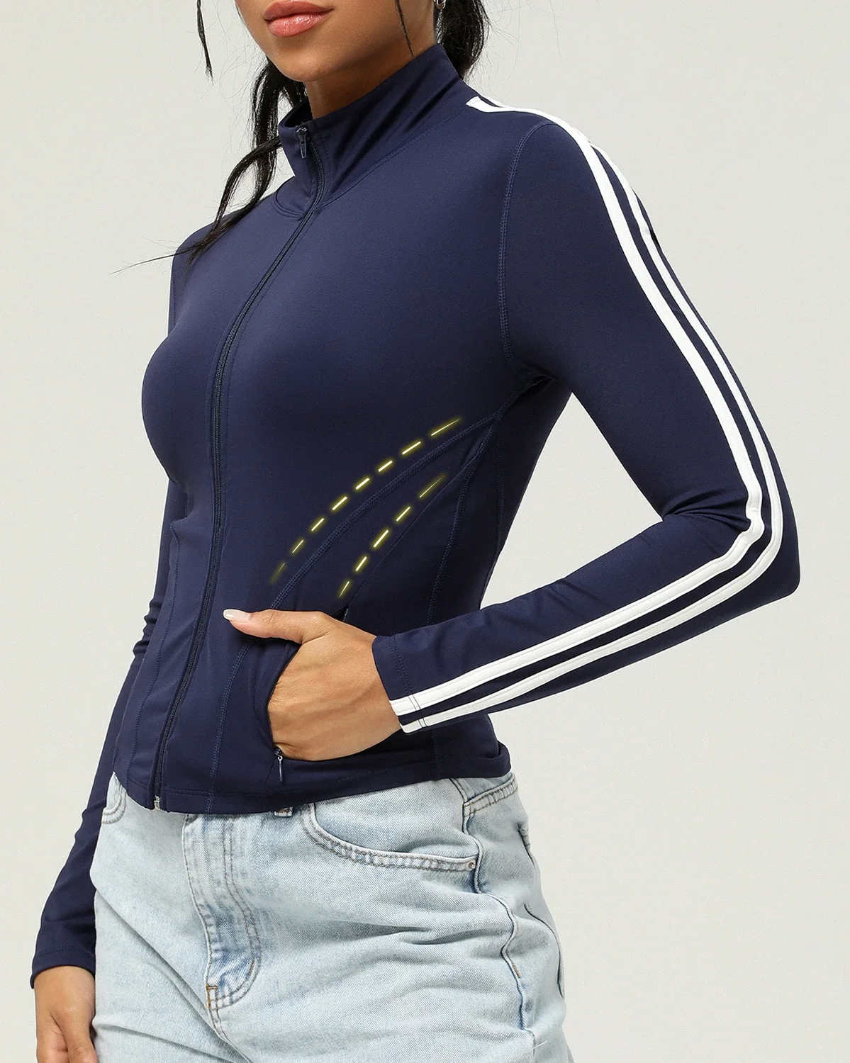 

Autumn and winter contrasting color stand-up collar sports yoga jacket zipper pocket long sleeve sports running jacket slim top