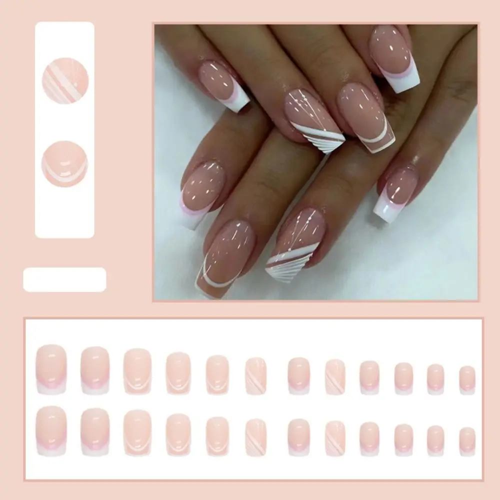 24Pcs Glossy Fake Nails Shimmer White Square French Nail Faux Gradient Medium Fingernails False Nails Detachable Nail Tips