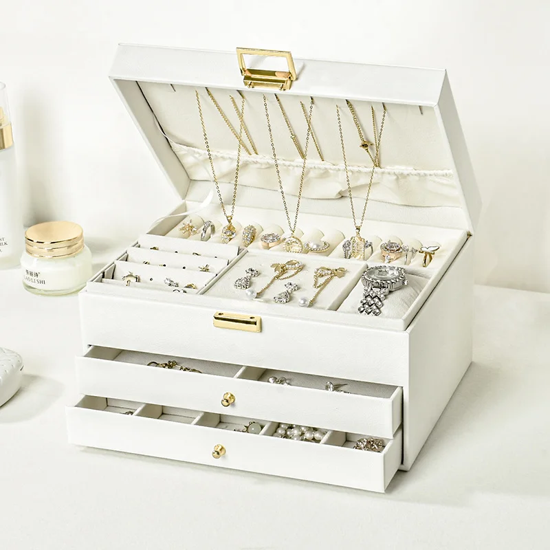 High-Quality PU Leather Three-layer  Drawer Type Dustproof Anti-oxidation Multi-functional Ring Earrings Necklace Storage Box