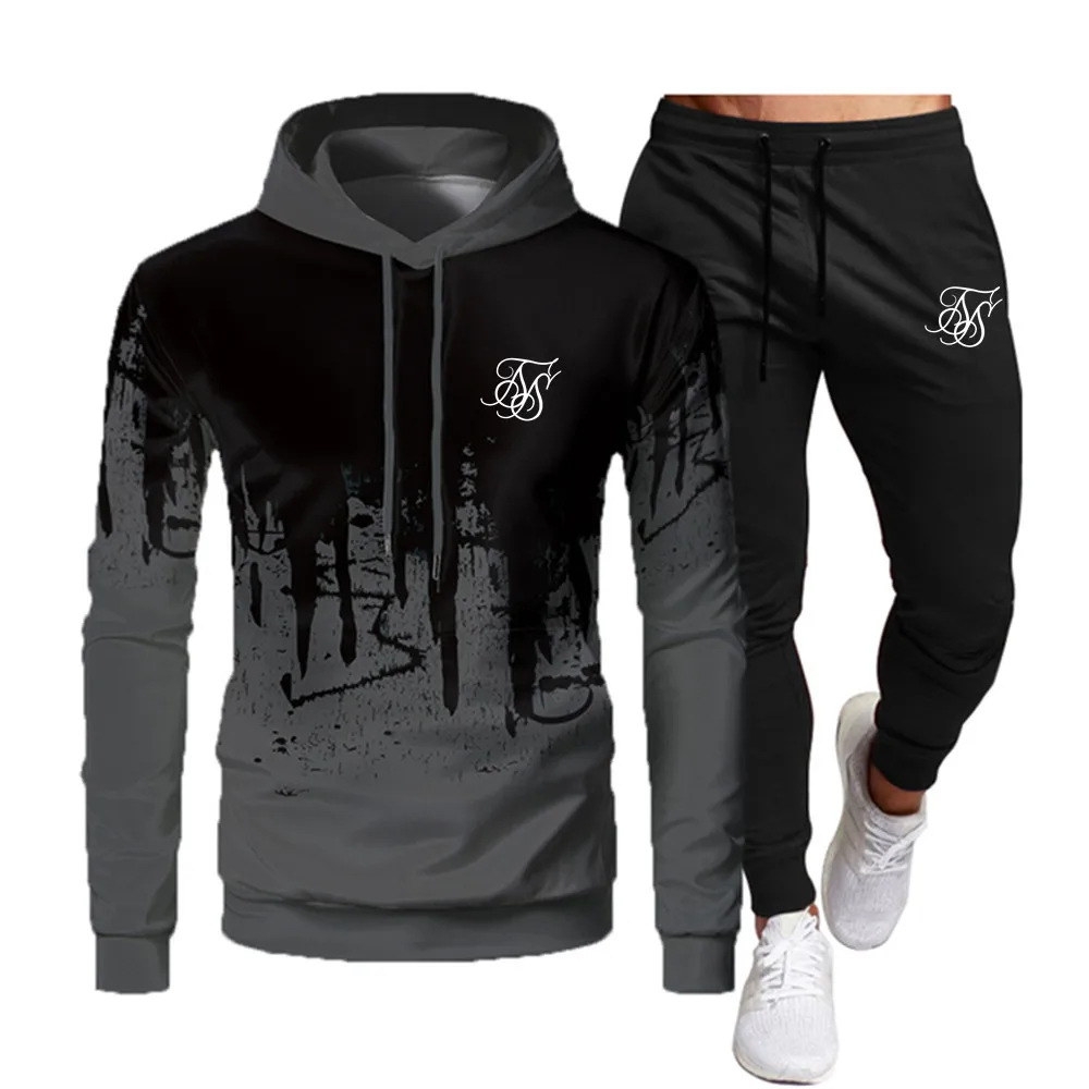 Men\'s Fashion Sik Silk Hoodie Sportswear Men\'s Clothes Jogging Casual Sportswear Men\'s Running Sports Suit + Pants 2-piece Set