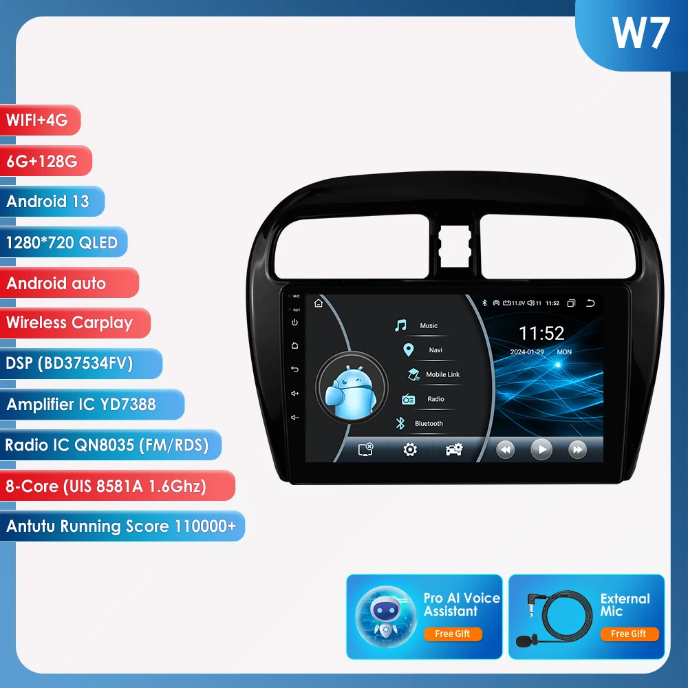 Hizpo Autoradio Carplay 4G AI Systemen Android Autoradio voor Mitsubishi Mirage/Space Star 2012-2023 multimedia Video Player GPS