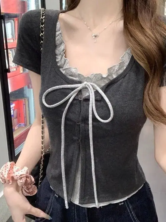 

Knot ort Sve T-irt Women's Slim Fit Summer Design Knot Top Spicy Girl Korean Sle Commute Pure Color Polyester