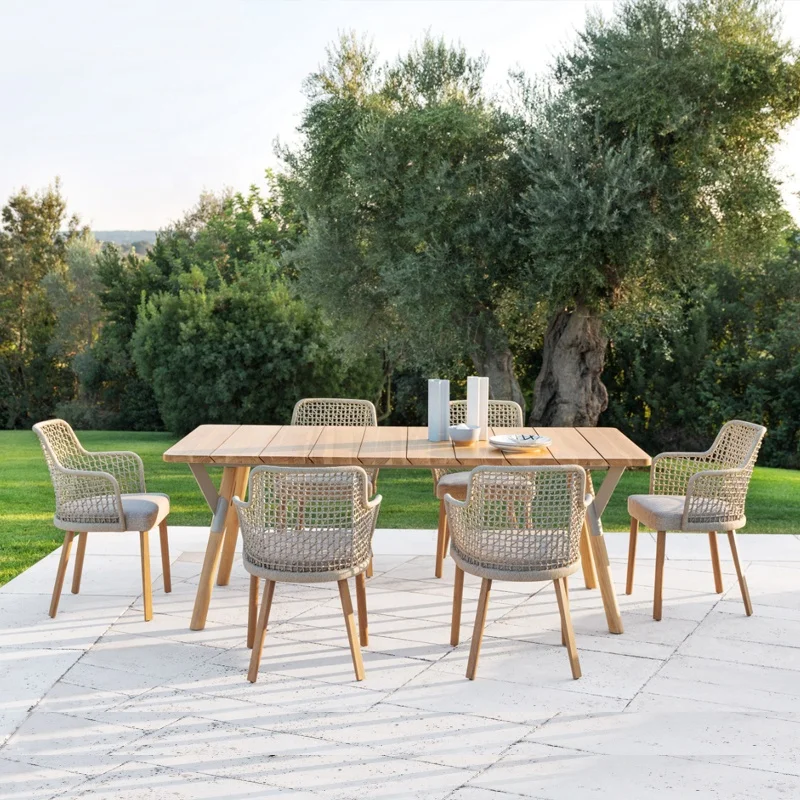 Outdoor rattan dining table set rattan chair fashion restaurant solid wood garden furniture