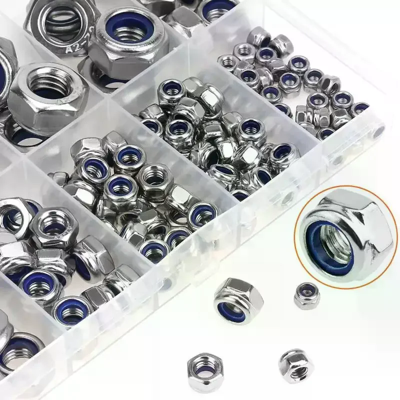 200pcs Lock Nut Nylon Insert Self Lock Nylock Locknut Assortment Kit Set M2 M2.5 M3 M4 M5 M6 M8 304 A2-70 Stainless Steel