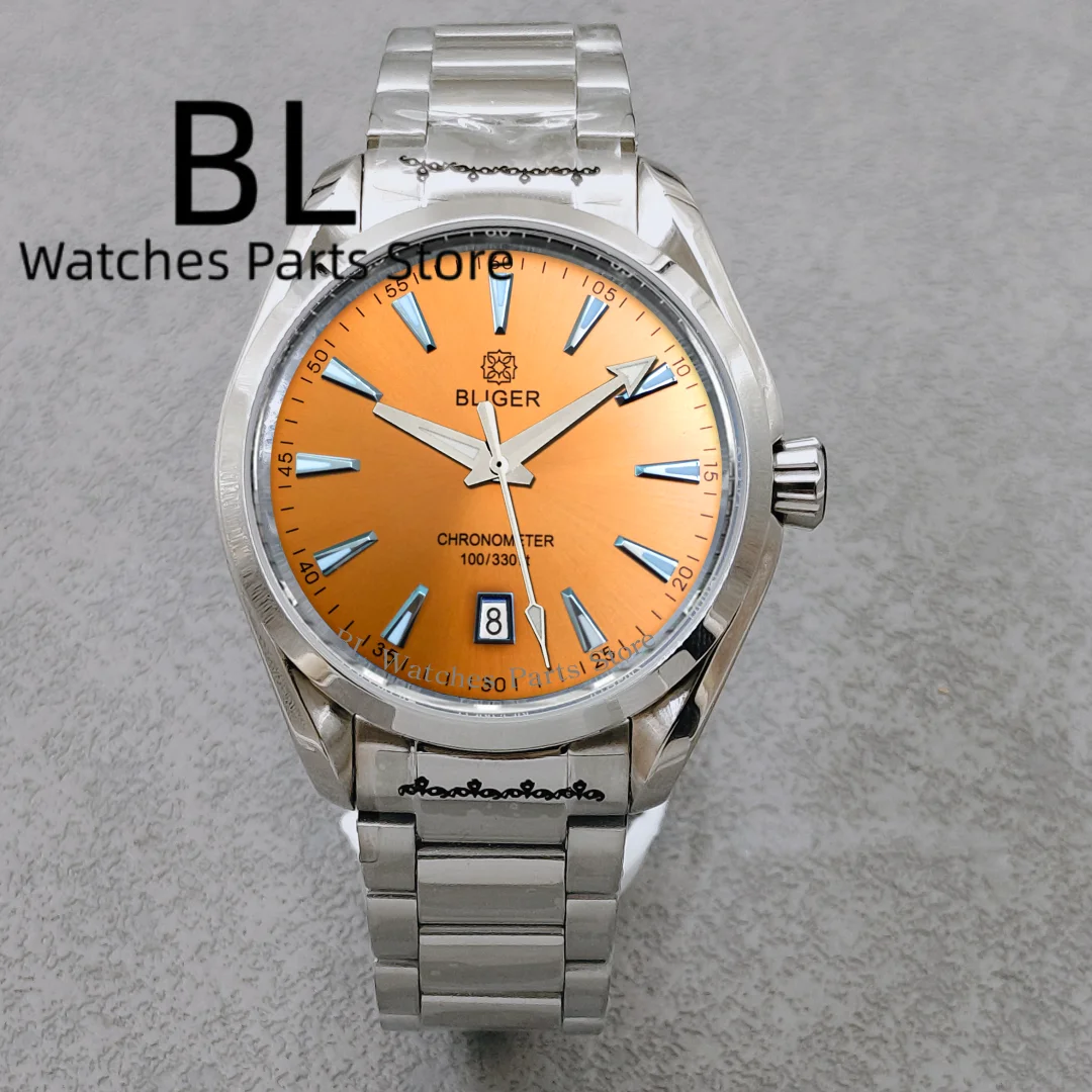 BLIGER 40mm Pomarańczowa Tarcza Sunburst AT150 NH35 Automatyczny Zegarek Męski Datownik na Godzinie 6 Szkło Szafirowe Polerowana Stal Nierdzewna Wodoodporny