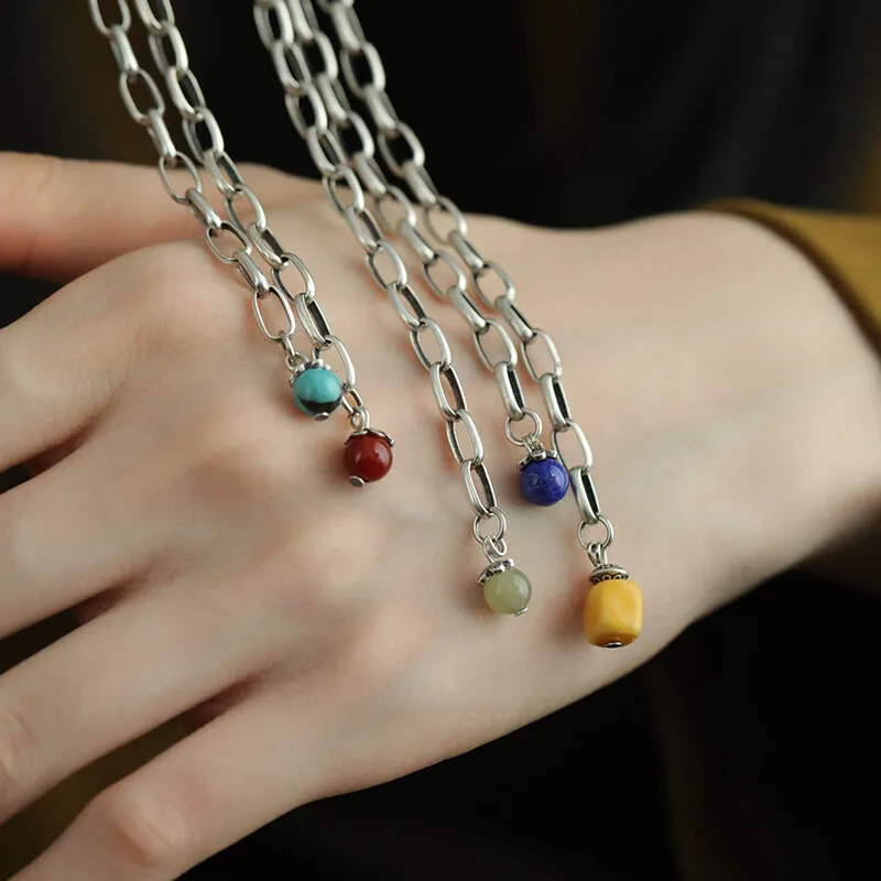 

Серебро 925, винтажное ожерелье-цепочка «сделай сам», простой нефрит, бирюзовый и лазурит, кулон, ювелирное изделие, подарок