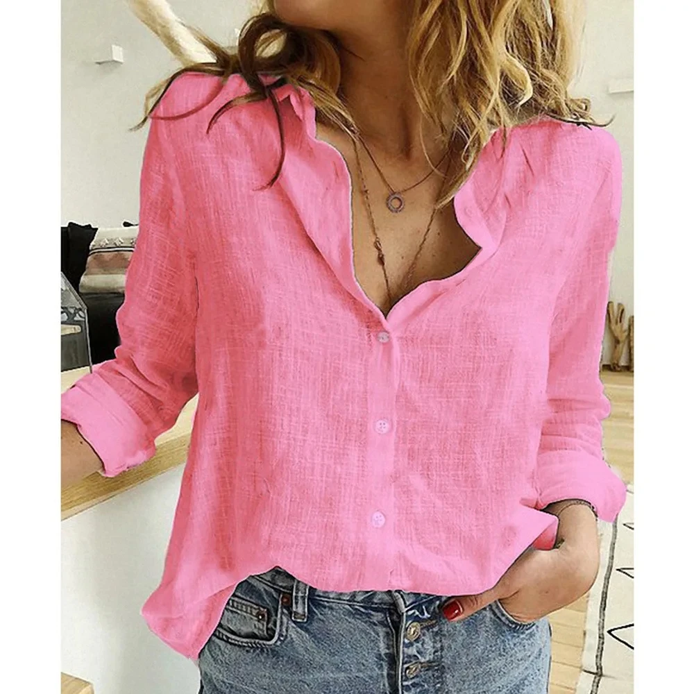 แขนยาวสีขาวผู้หญิงเสื้อฤดูใบไม้ผลิใหม่สบายๆหลวมเสื้อสํานักงาน Lady Tops ปุ่ม Simple เสื้อผ้าผู้หญิง