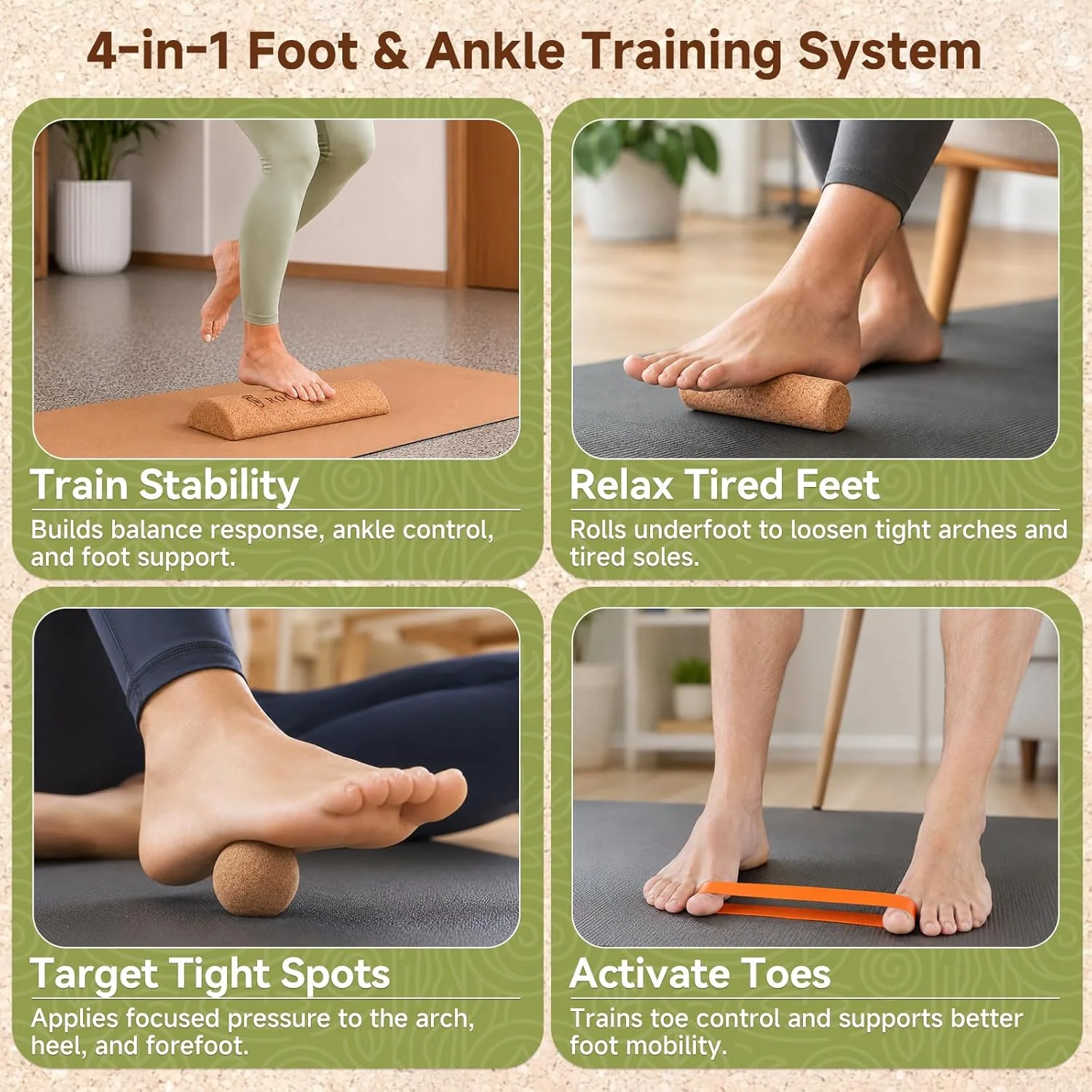 Cork Balance Board, Foot and Ankle Strengthener Kit | 4-in-1 set with roller, ball, toe bands and guide, 12